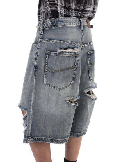 Damage Wide Leg Short Denim Jeans WN8010