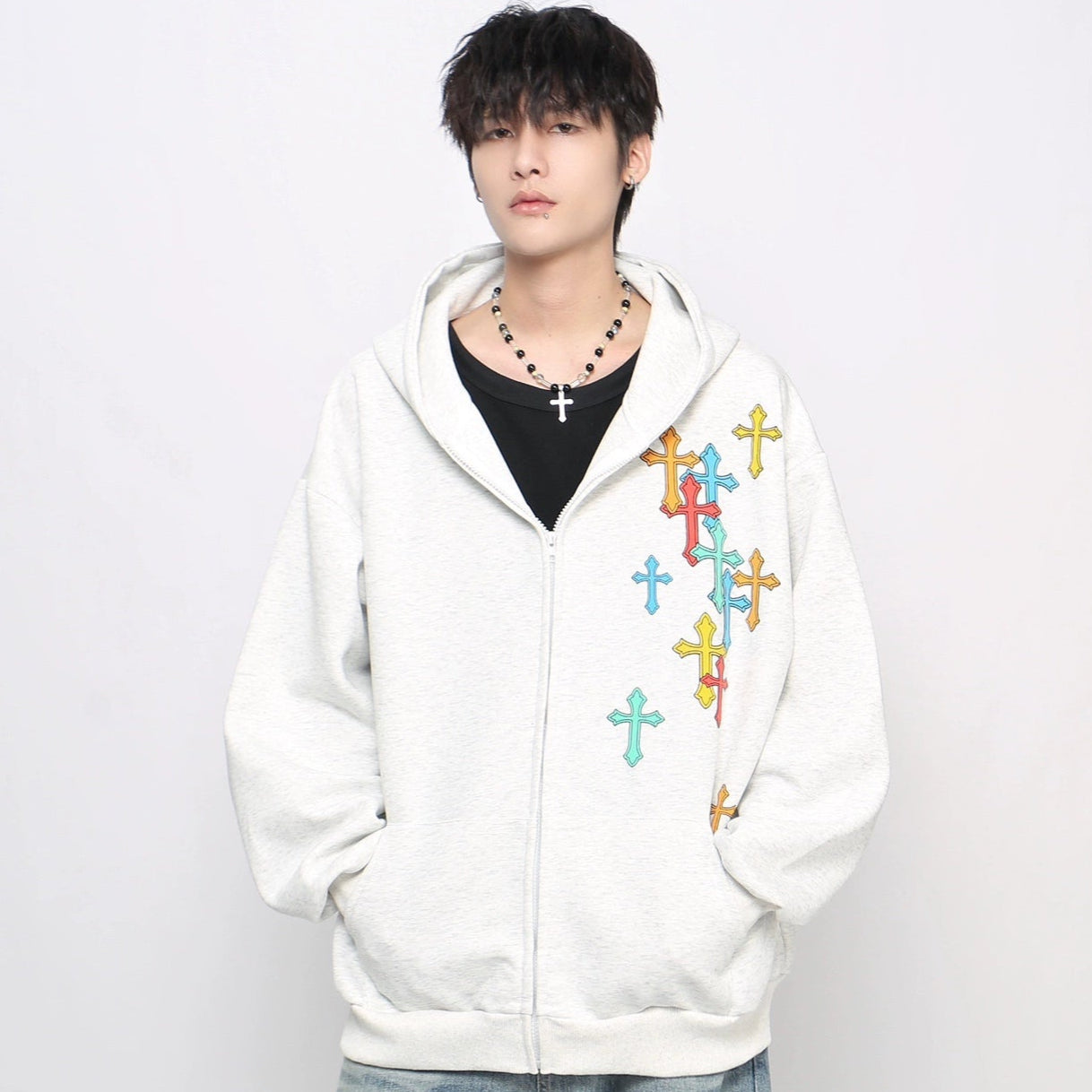 Foam Cross Print Zipper Hoodie WN21040
