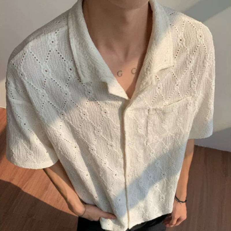 Cuban Collar Jacquard Short Sleeve Shirt WN19297