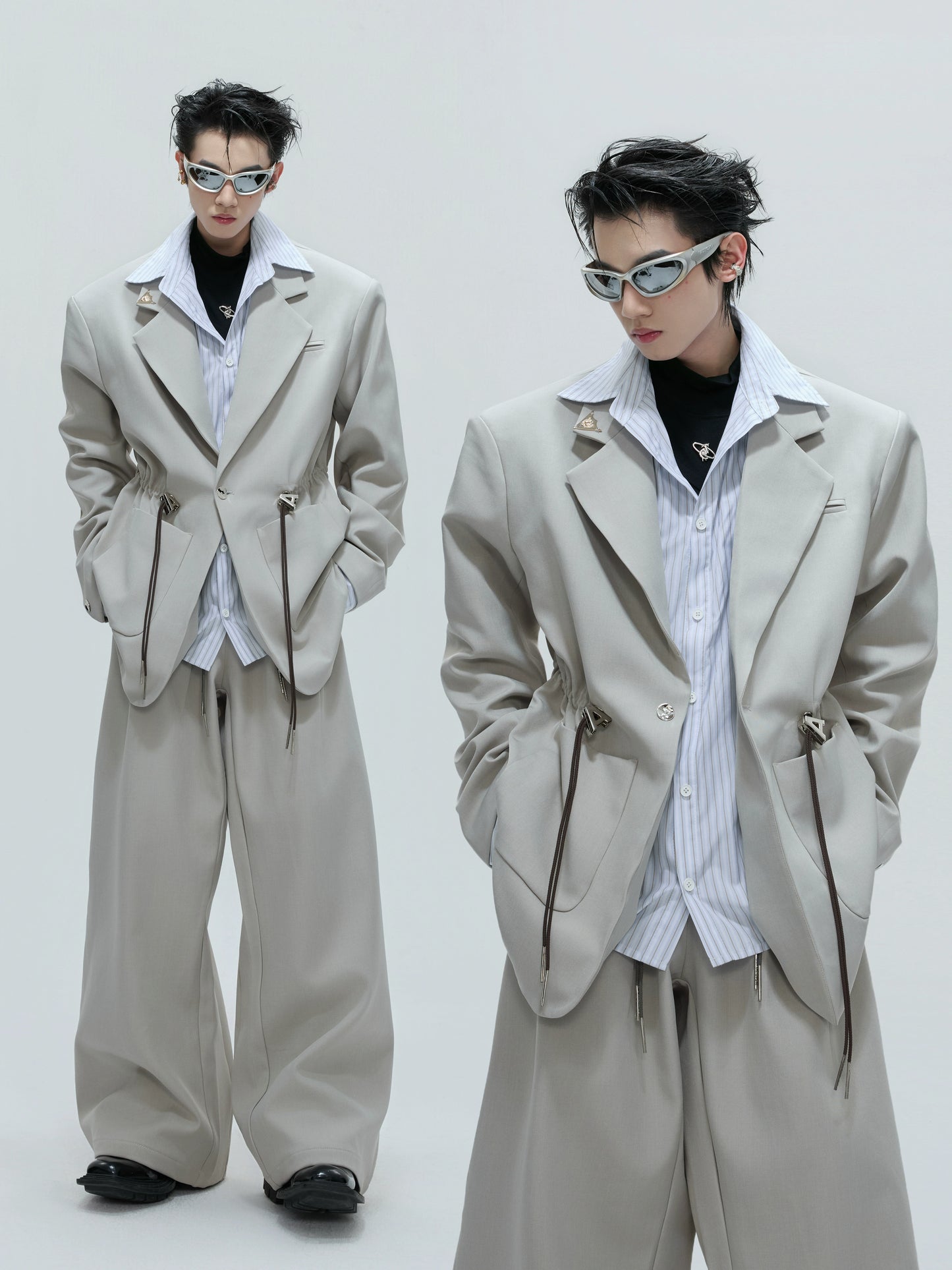 Stripe Shirt Fake Layered Drawstring Waist Shoulder-Pad Tailored Jacket & Trousers Setup WN21731