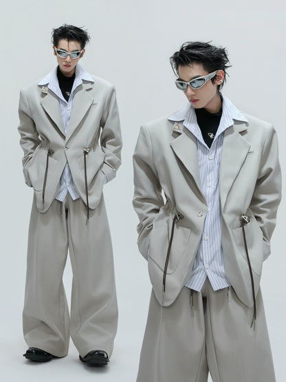 Stripe Shirt Fake Layered Drawstring Waist Shoulder-Pad Tailored Jacket & Trousers Setup WN21731