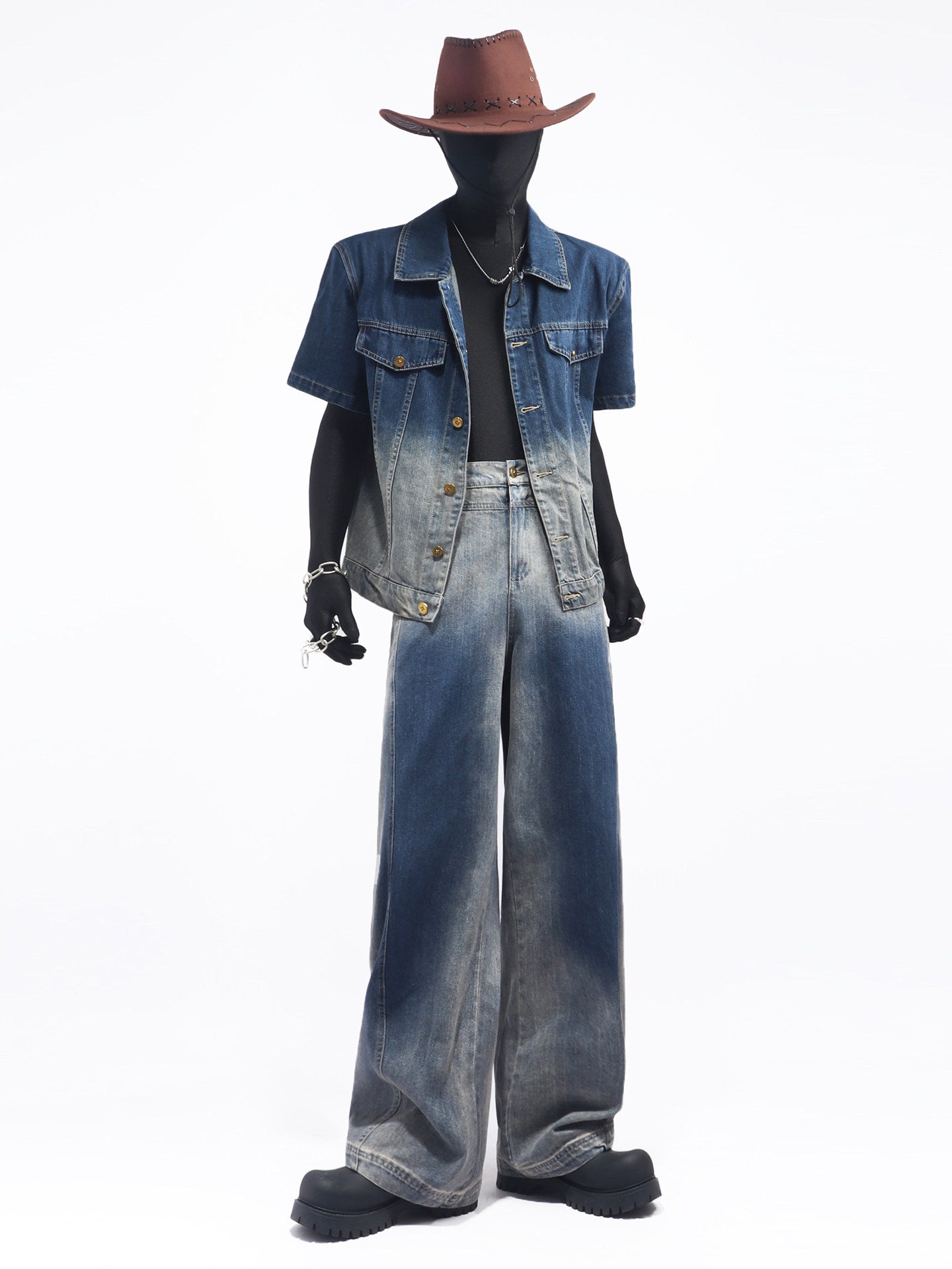 Denim Short Sleeve Jacket & Wide Leg Denim Jeans Setup WN23726