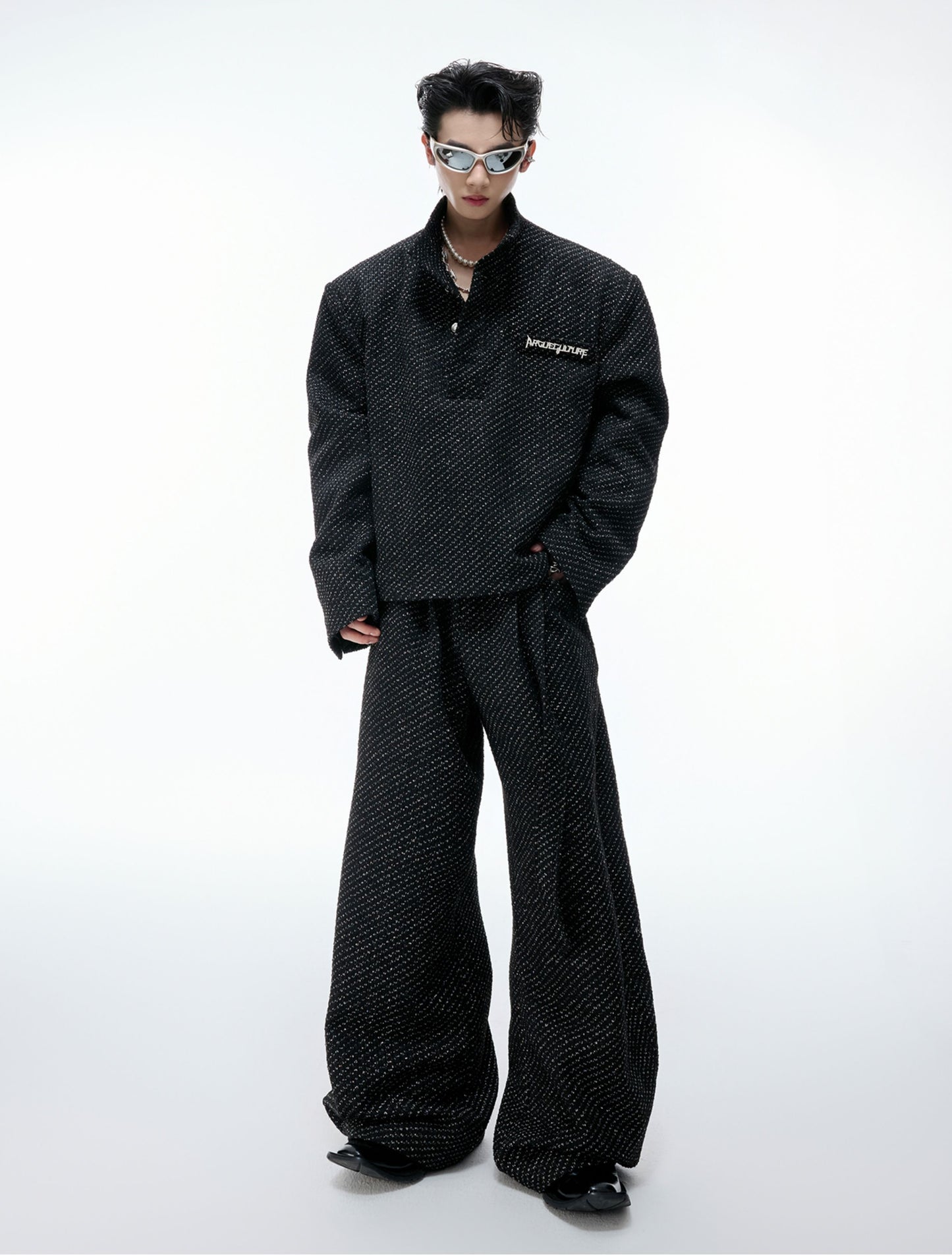 Pearl Button Textured Jacket & Wide Leg Pants Setup WN20529