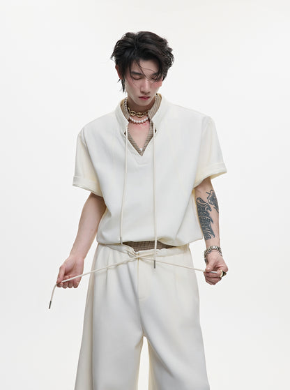 Houndstooth V-Neck Short Sleeve T-Shirt & Double Waistband Curved Hem Pants Setup WN18366