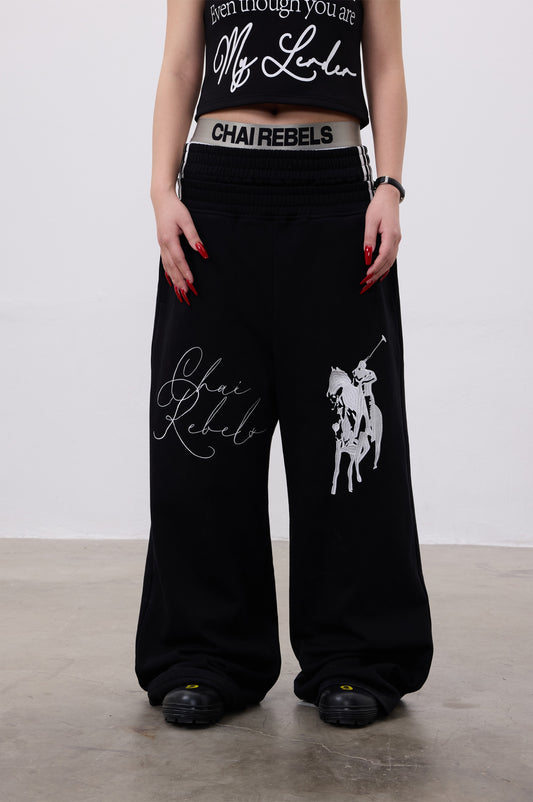 Horse Logo Embroidery Reversible Baggy Sweat Pants WN19065
