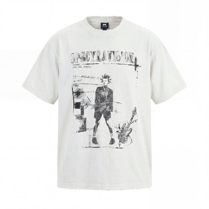 Graphic Print Wash Damage Round Neck Short Sleeve T-Shirt WN25663