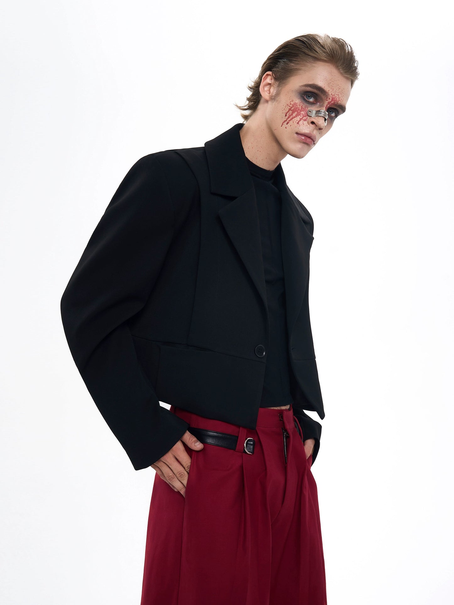 Mix PU Leather Embroidery Shoulder-Pad Tailored Jacket WN20384