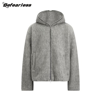 Wool Blend Full-Zip Boxy Hooded Jacket WN26382