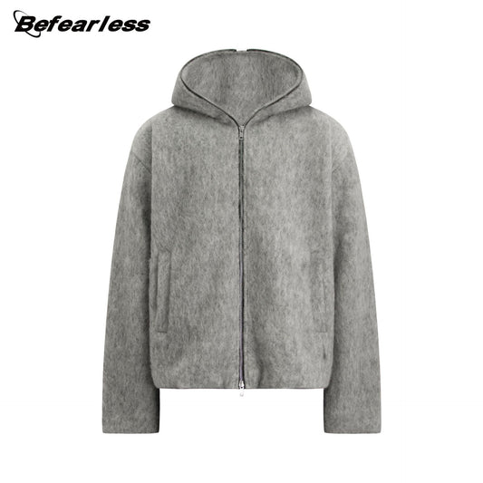Wool Blend Full-Zip Boxy Hooded Jacket WN26382