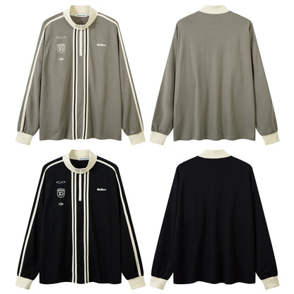 Half Zipper High-Neck Stripe Letter Print Long Sleeve T-Shirt WN26871