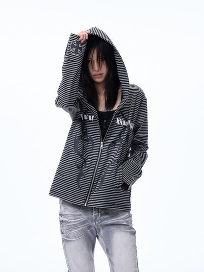 Striped Print Cropped Zipper Hoodie WN27274