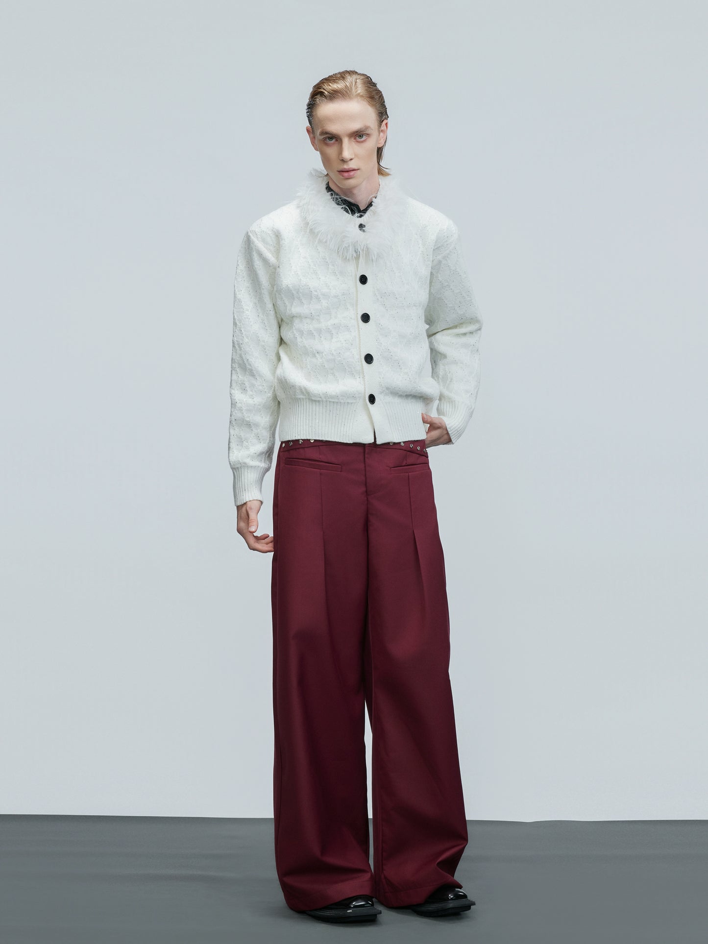 Sequin Fur Collar Cable Knit Cardigan WN21746