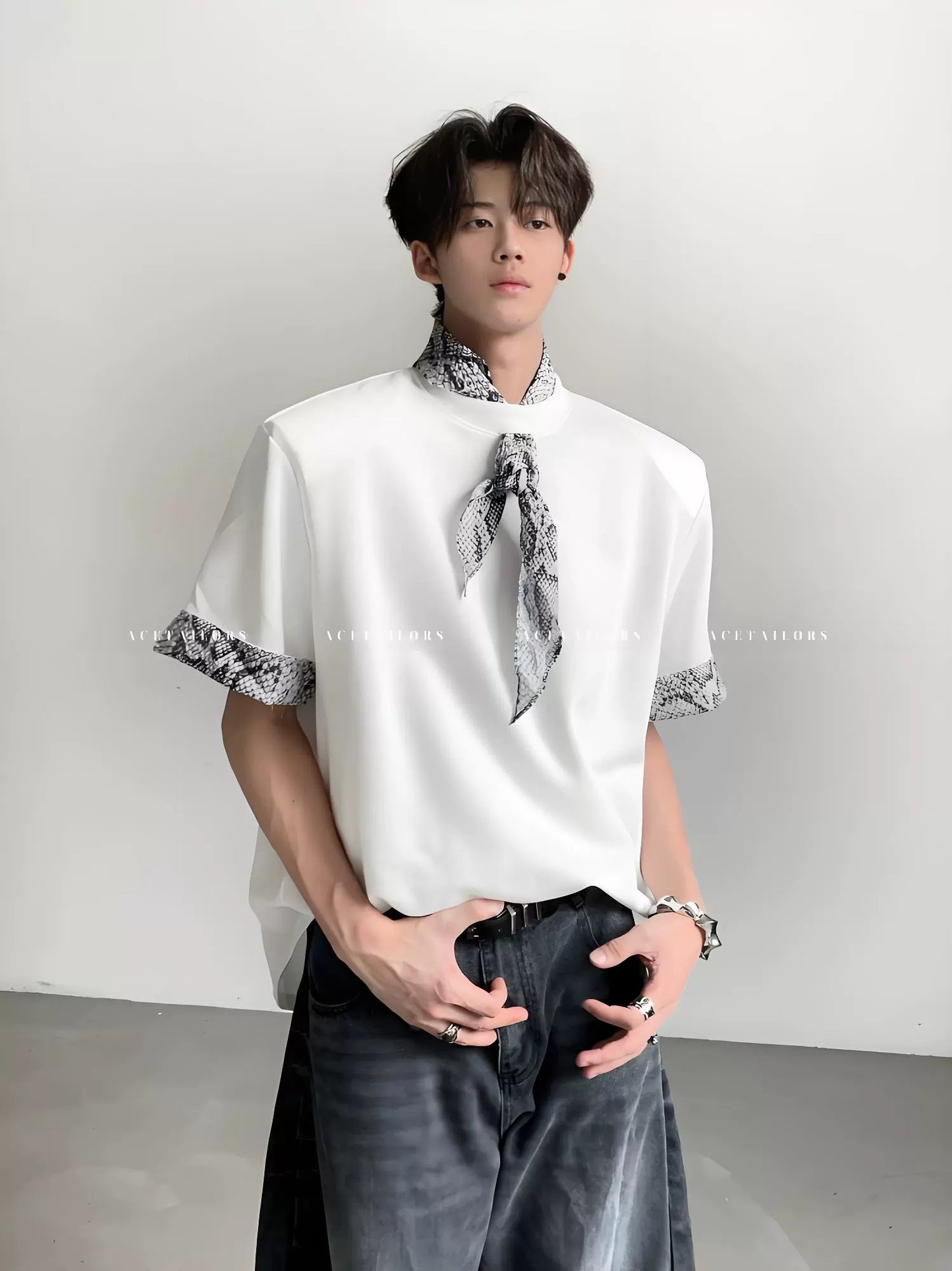 Snake Neck Patchwork Shoulder-Pad Short Sleeve T-Shirt WN20080