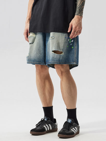 Raw Hem Damage Drawstring Washed Half Denim Jeans WN17484