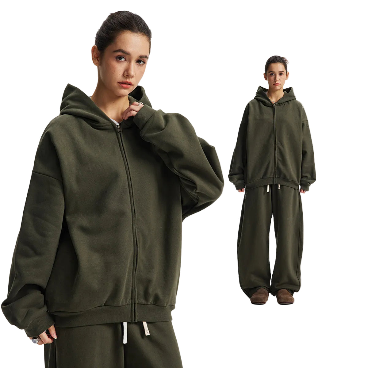 Fleece Lining Side Pocket Zipper Hoodie & Fleece Lining Wide Leg Sweatpants Setup WN23114
