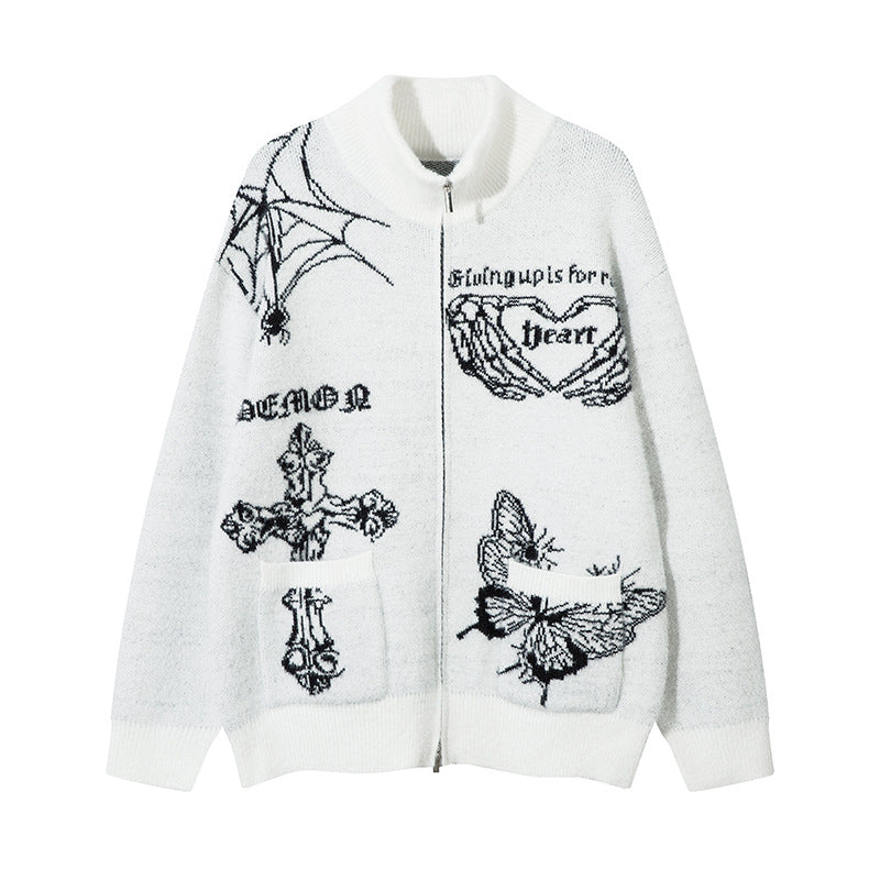 Butterfly Cross Design Oversize Zipper Knit Cardigan WN11170