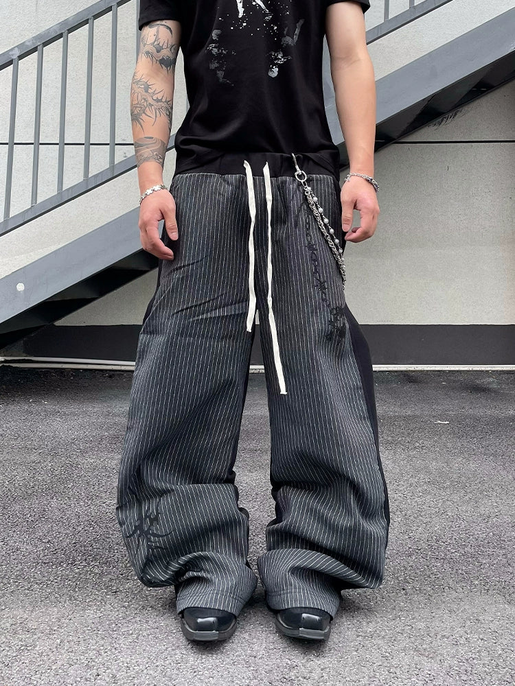 Striped Patchwork Design Vintage Style Wide Leg Pants WN18842