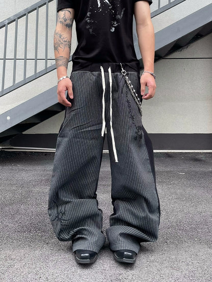 Striped Patchwork Design Vintage Style Wide Leg Pants WN18842