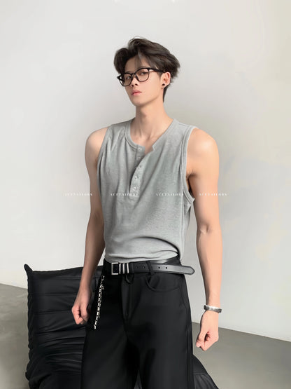 Button Detail Henley Neck Sleeveless T-Shirt WN20083