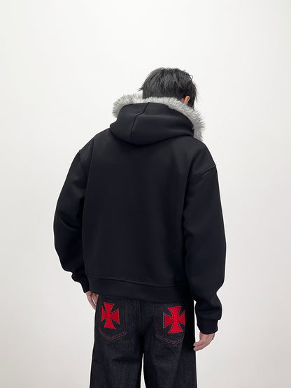 Fake Fur Collar Deconstructed Short Length Oversize Zipper Hoodie WN24239