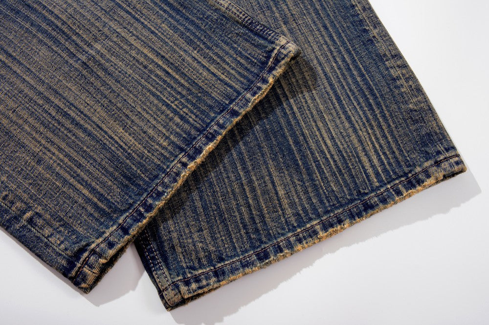 Mud Dye Washed Whisker Wide Leg Denim Jeans WN27904
