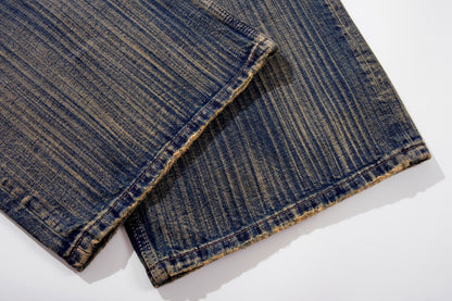Mud Dye Washed Whisker Wide Leg Denim Jeans WN27904
