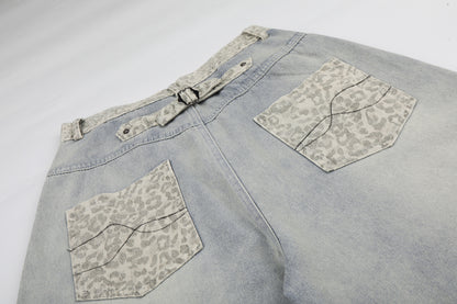 Leopard Print Curved Wide Leg Denim Jeans WN25702
