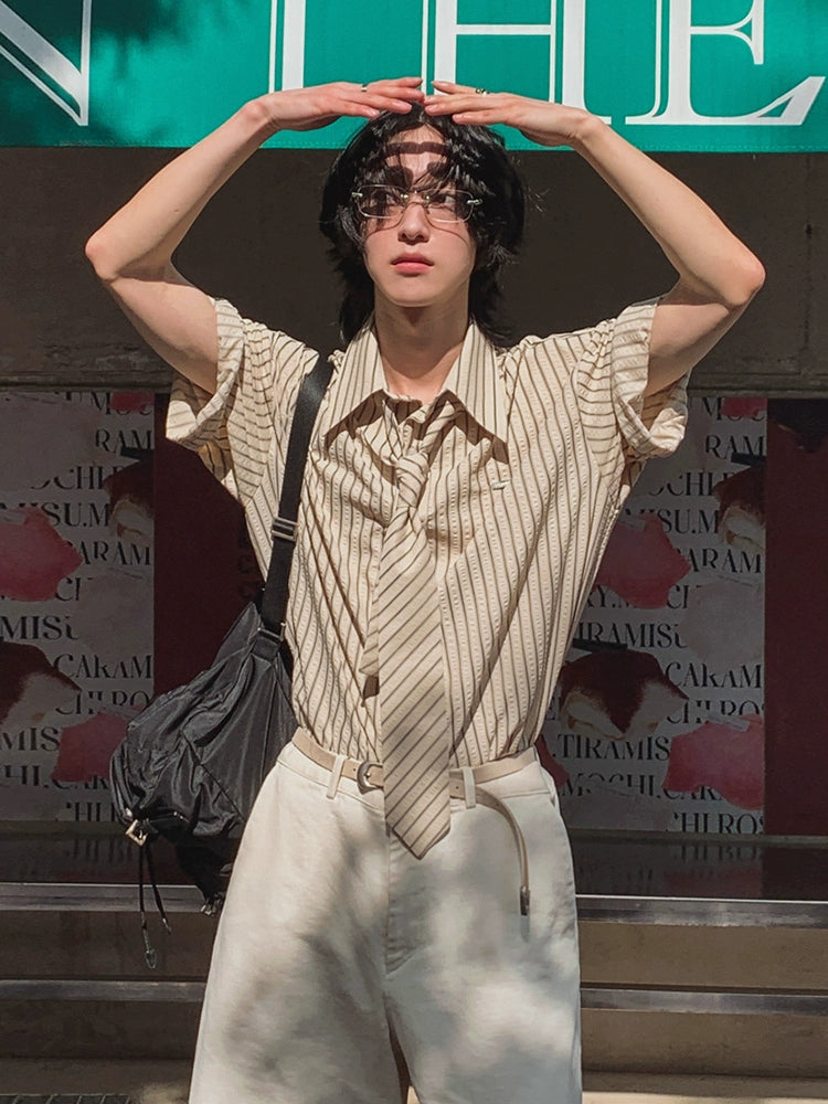 Striped Design Short Sleeve Shirt & Tie WN20265