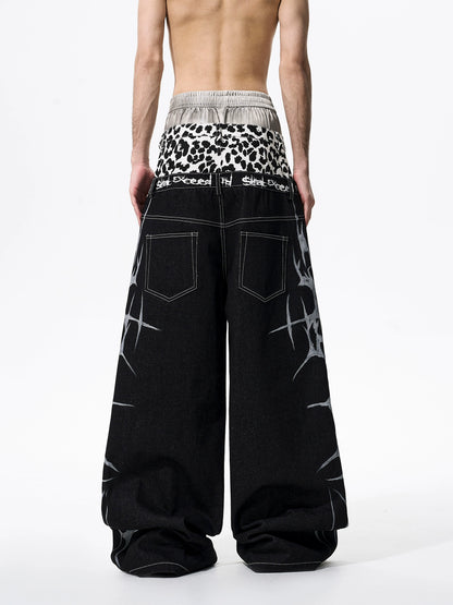 Leopard Mix Print Double Waist Denim Jeans WN21777