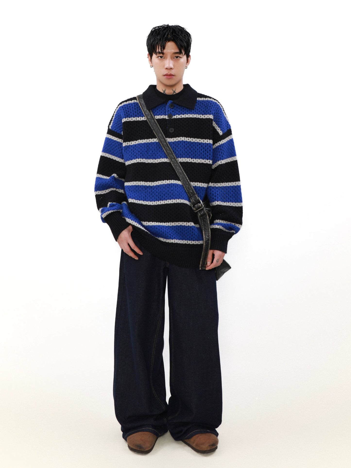 Oversize Stripe POLO Knit Sweater WN8307