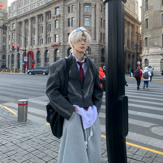 Heavy Pleats Standing-Collar PU Leather Jacket WN19795