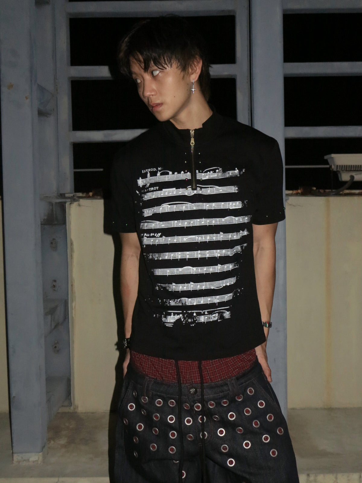 High-Neck Music Note Graphic Short Sleeve T-Shirt WN27146