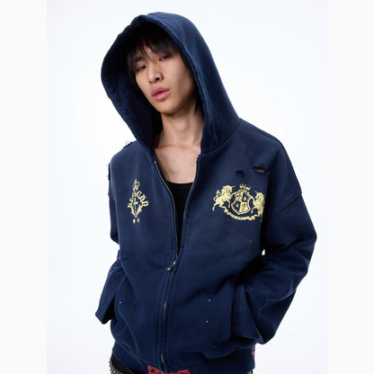 Washed Cutout Print Oversize Zipper Hoodie WN27320