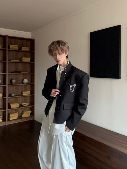 Metal Buckle Standing-Collar Shoulder-Pad Tailored Jacket WN23177