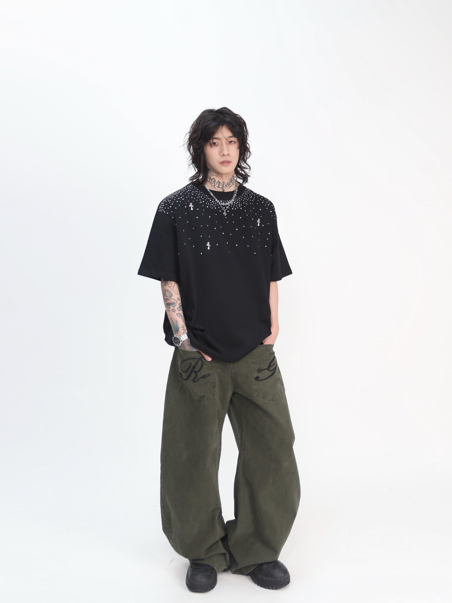 Oversize Rhinestone Cross Print Short Sleeve T-Shirt WN24445