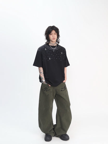 Oversize Rhinestone Cross Print Short Sleeve T-Shirt WN24445