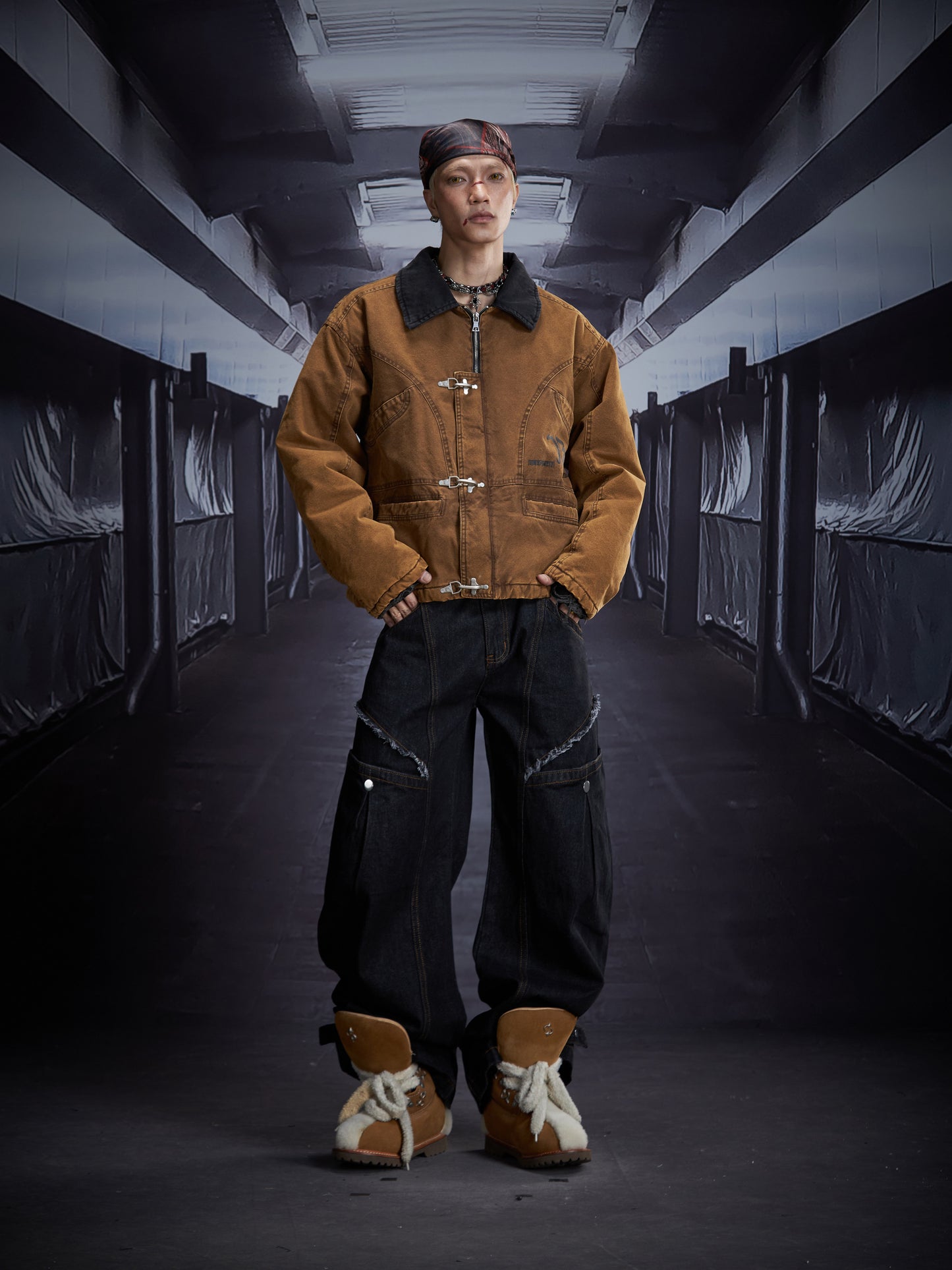 Deconstruct Design Topstitch Raw Edge Wide Leg Barrel Denim Jeans WN22865