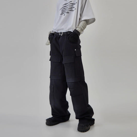 Gradient Large Pocket Wide-Leg Straight Cargo Denim Jeans WN7004