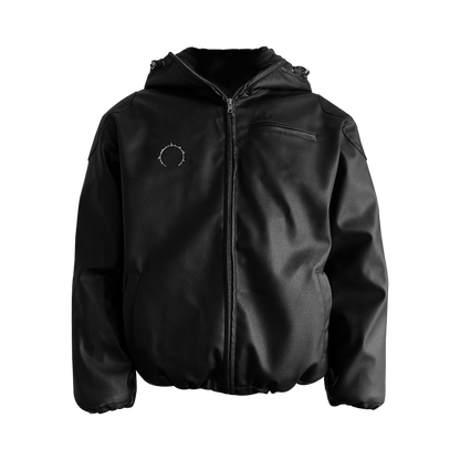 Back Graphic Design Hooded PU Leather Jacket WN15855