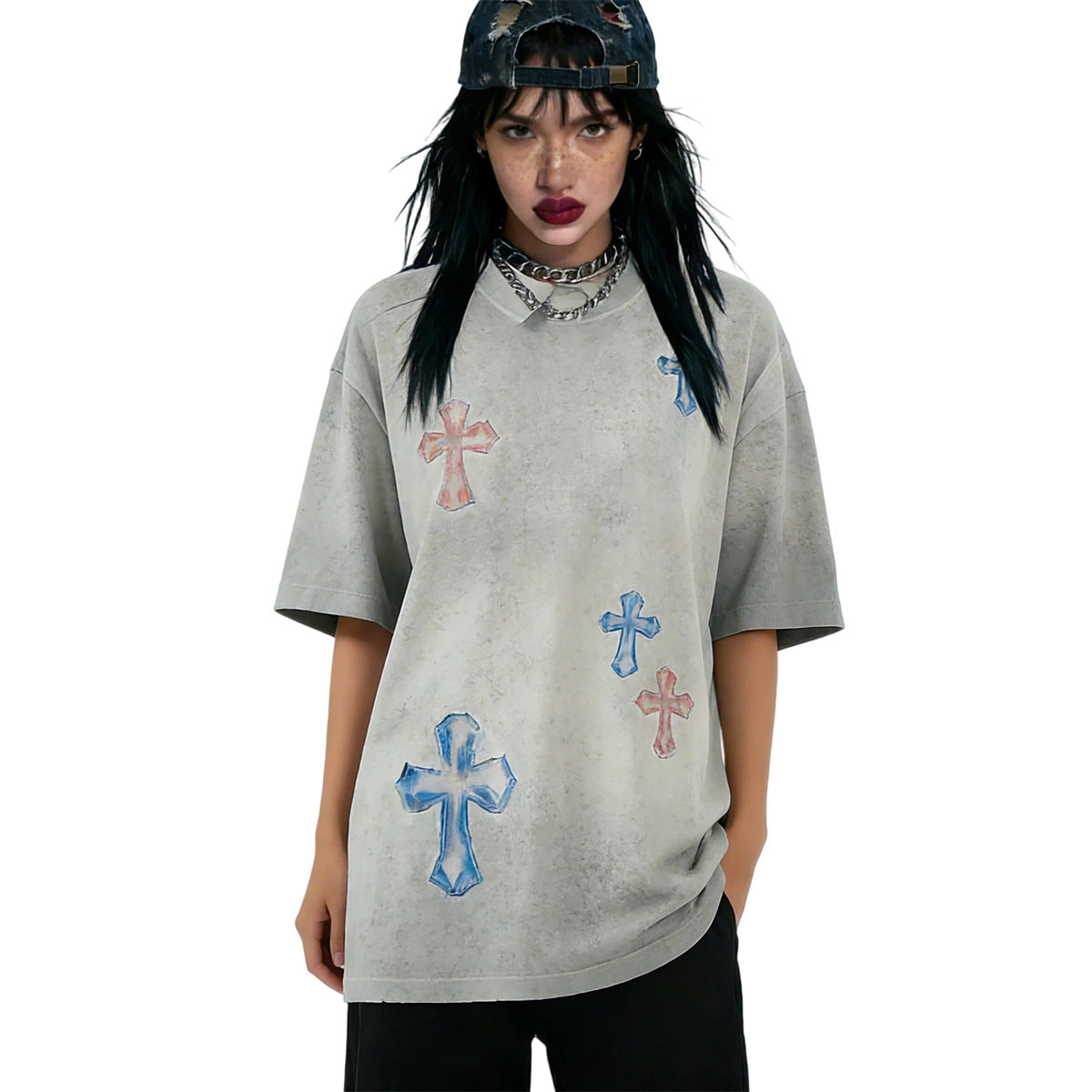 Washed Cross Applique Short Sleeve T-Shirt WN25439