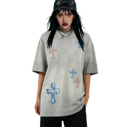 Washed Cross Applique Short Sleeve T-Shirt WN25439