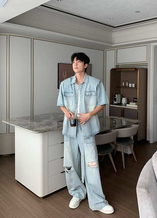 Damage Denim Short Sleeve Shirt & Denim Jeans Setup WN20423