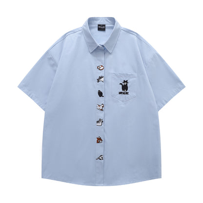 Cat Embroidery Oversize Short Sleeve Shirt WN26845