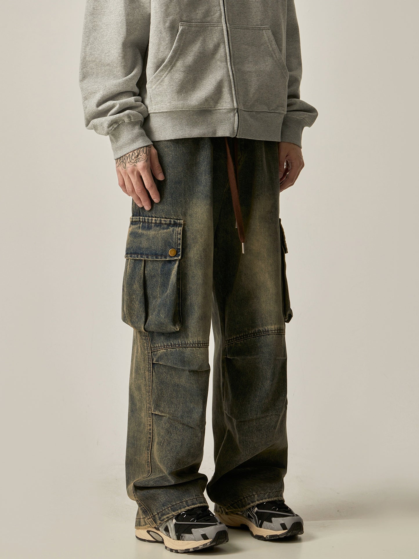 Washed Wide-leg Straight Cargo Denim Jeans WN6230