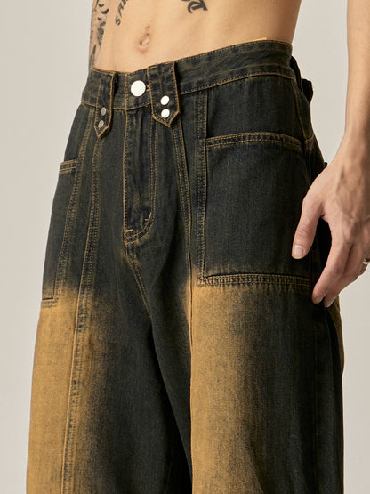 Yellow Mud Dyed Wide-leg Straight Denim Jeans WN6227