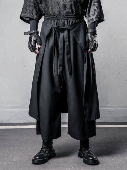 Fake Layered Ribbon Strap Cropped Wide Leg Pants WN22495