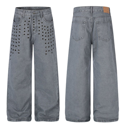Washed Eyelet Wide Leg Denim Jeans WN25959