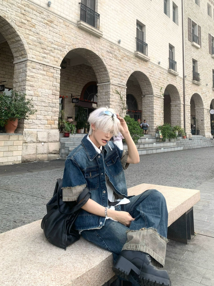 Patchwork Denim Short Sleeve Jacket & Wide Leg Denim Jeans Setup WN19803