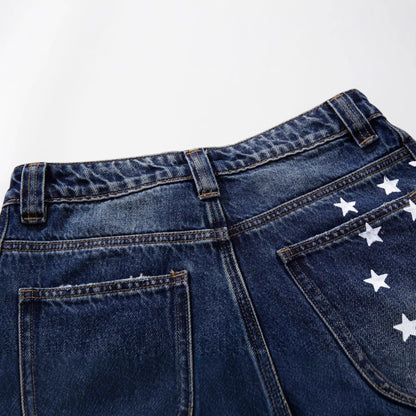 Star Print Curved Wide Leg Denim Jeans WN25727