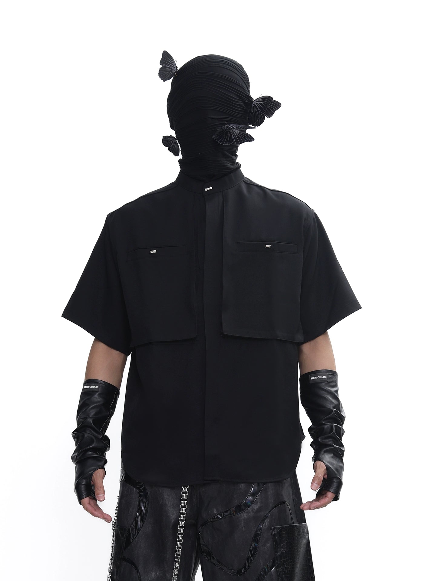 Stand Neck Half-Length Double Placket Pocket Short Sleeve Shirt WN18644